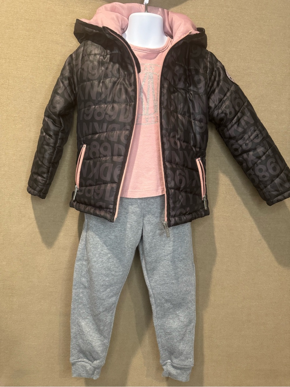 DKNY Girls' 3-Piece Outfit - Hooded Puffer Jacket, T-Shirt, & Joggers #24